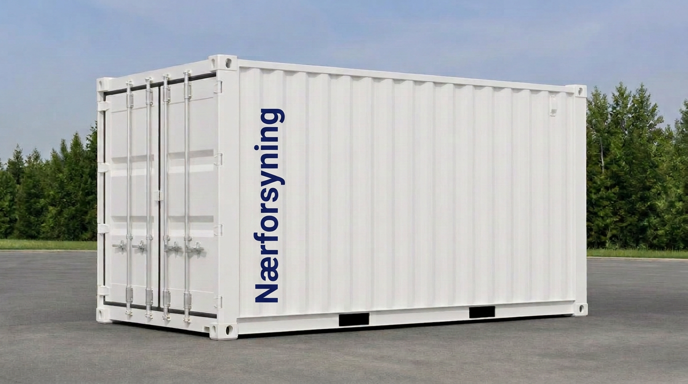 Hvid Nærforsyning-beredskabscontainer med logo placeret på en institution.
